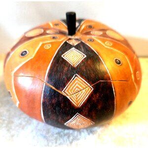 Lidded Gourd with Geometrical Pattern Made in Peru Pumpkin 5"